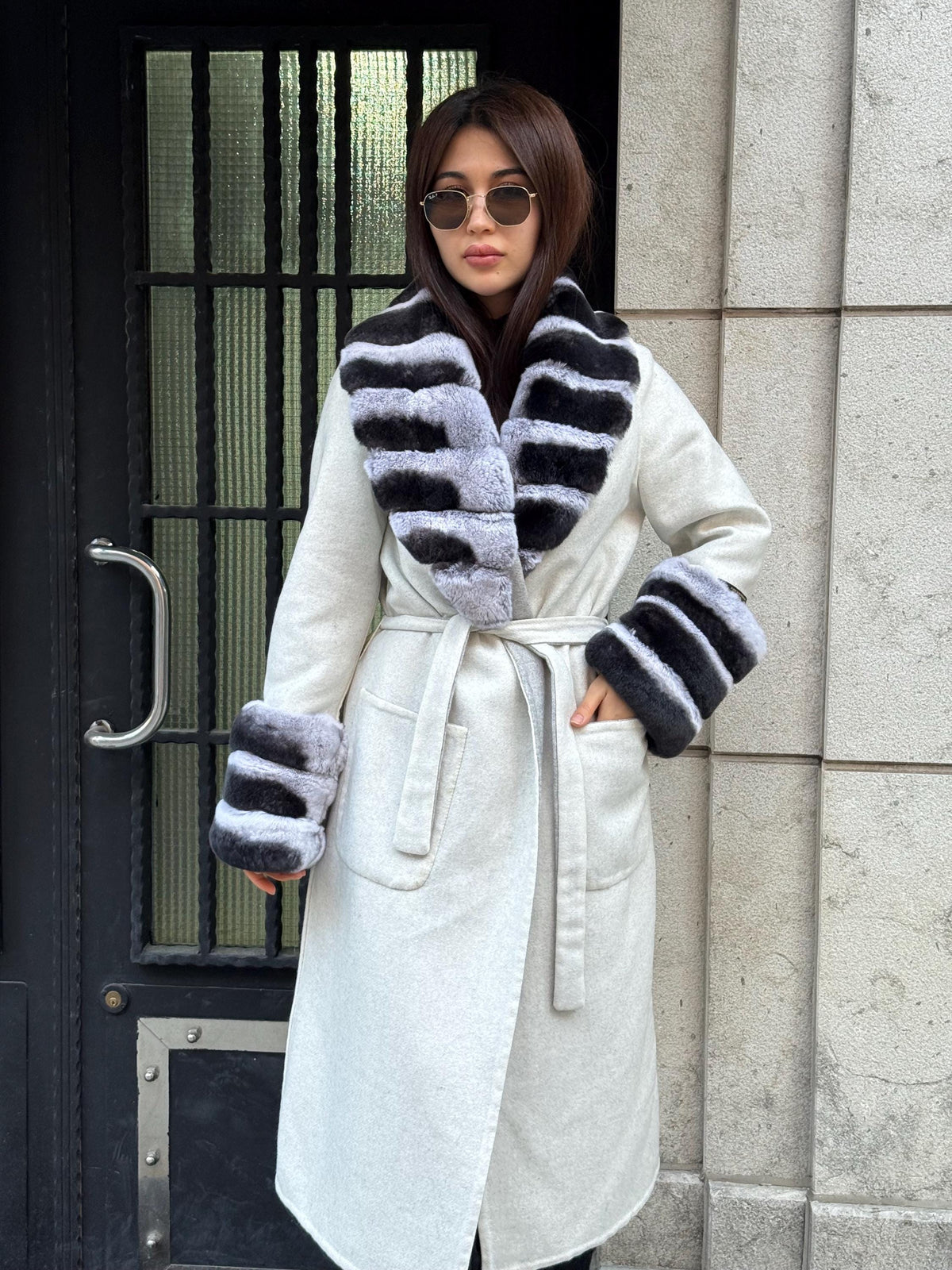 White Long Alpaca Wool Coat Women, Handmade Collar Cuffs Fox Fur Jacket