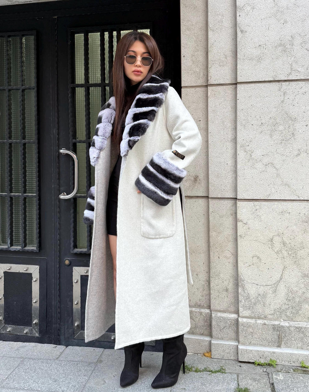 White Long Alpaca Wool Coat Women, Handmade Collar Cuffs Fox Fur Jacket