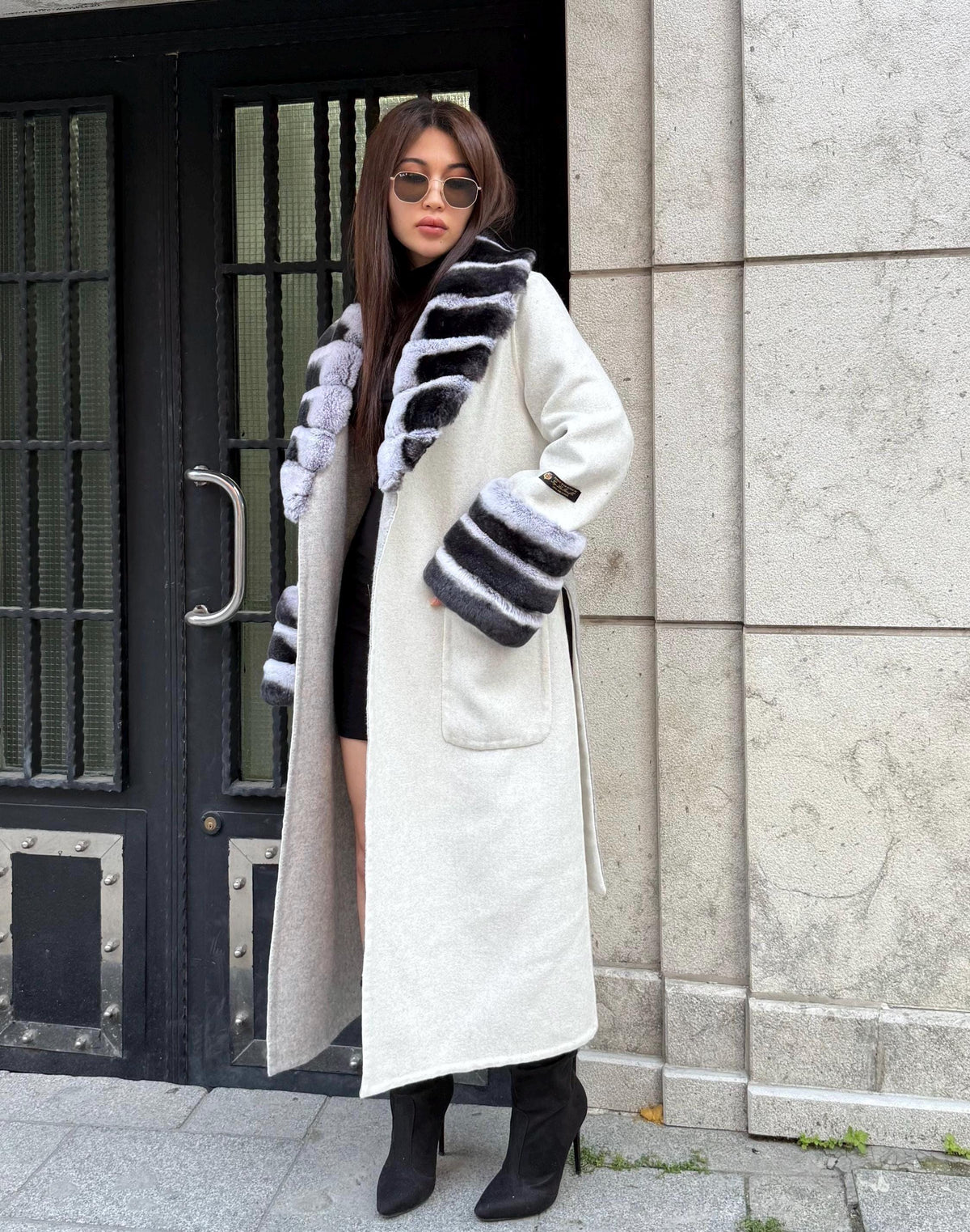 White Long Alpaca Wool Coat Women, Handmade Collar Cuffs Fox Fur Jacket