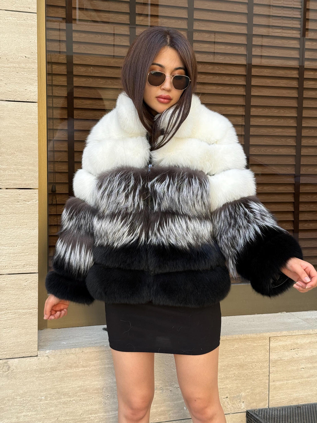 Women Fox Fur Jacket: Handmade Ombre White Silver Black Gradient Coat