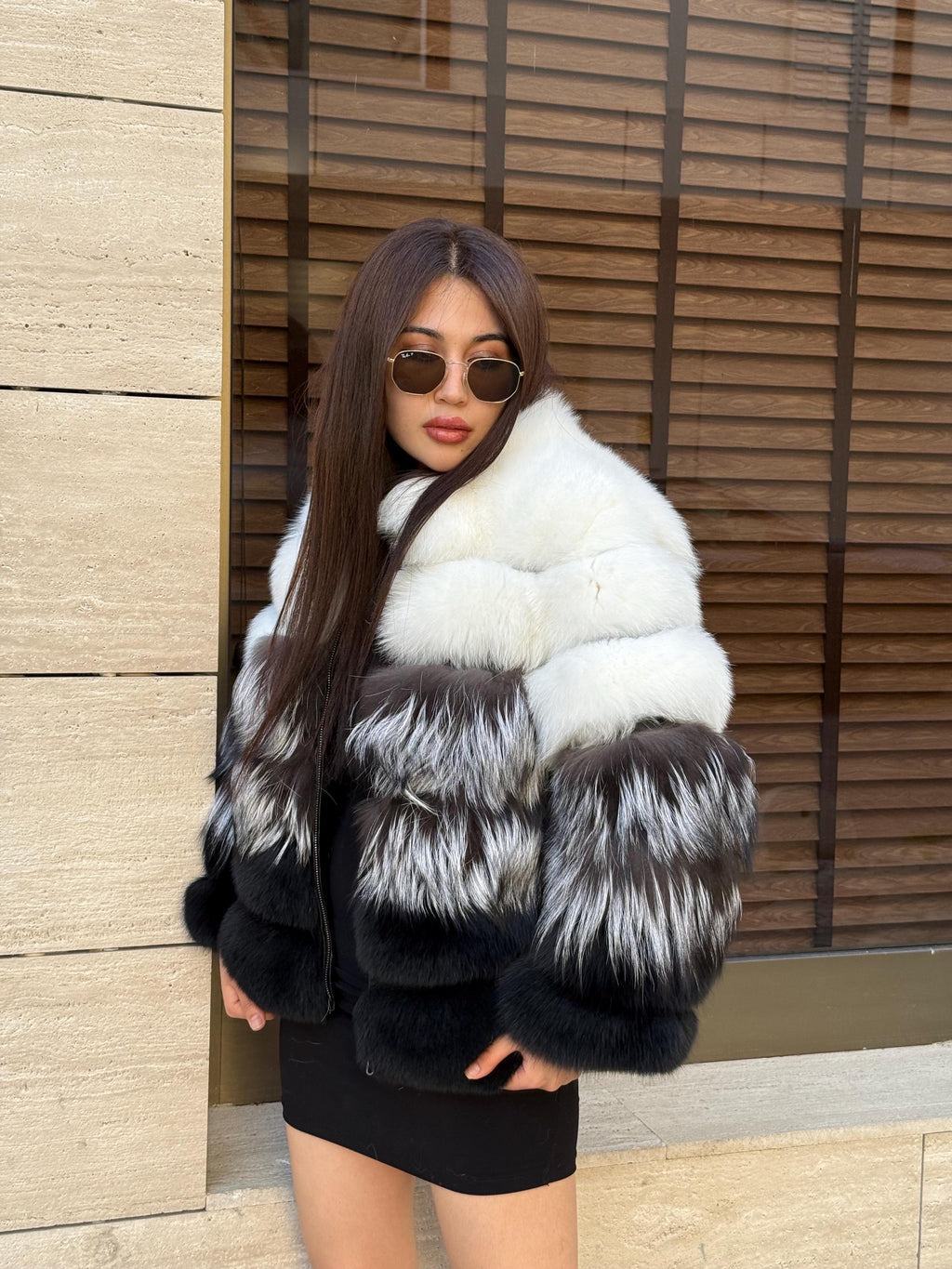 Women Fox Fur Jacket: Handmade Ombre White Silver Black Gradient Coat