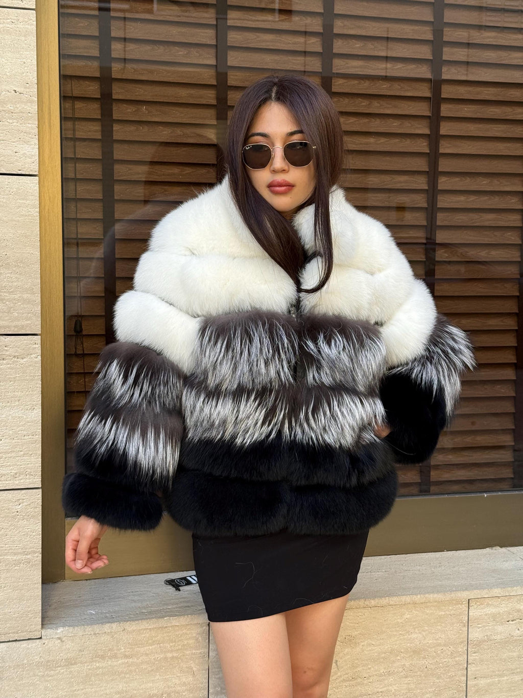 Women Fox Fur Jacket: Handmade Ombre White Silver Black Gradient Coat