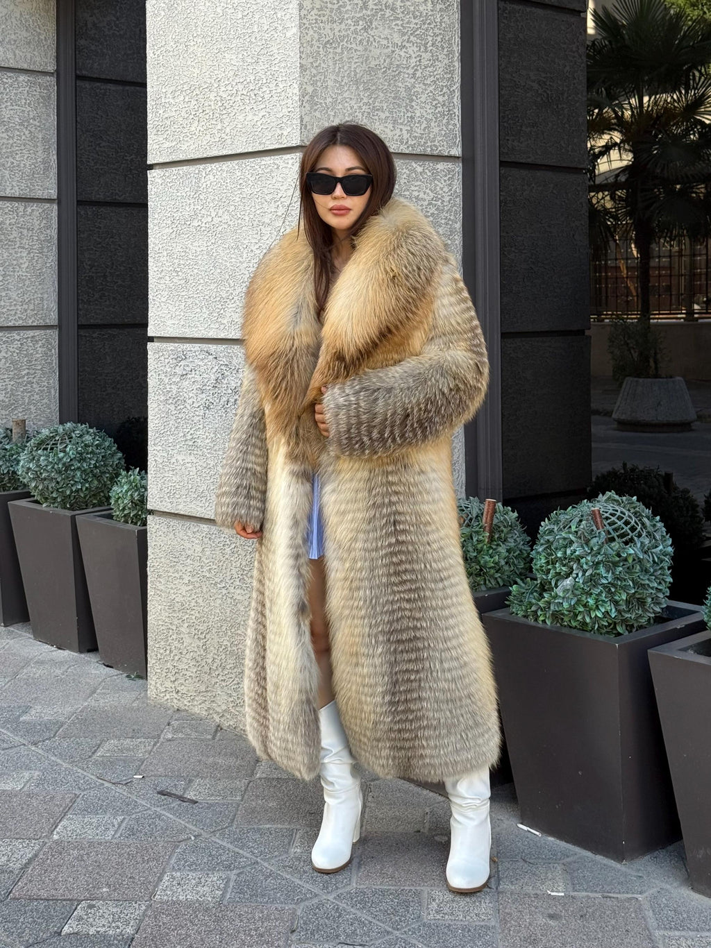 Gold Women Frost Fox Fur Jacket: Luxury Handmade Long Fur Coat