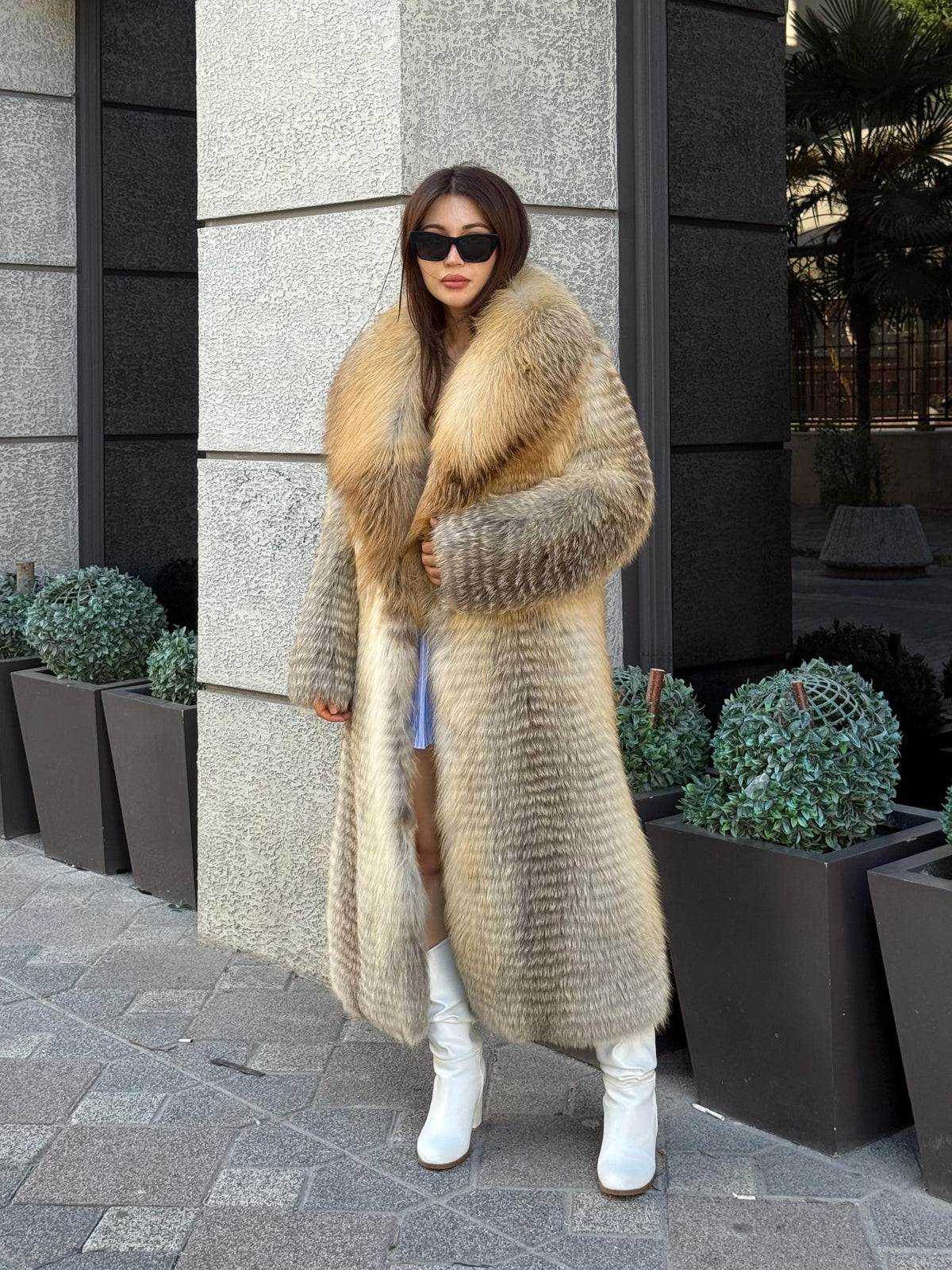 Gold Women Frost Fox Fur Jacket: Luxury Handmade Long Fur Coat