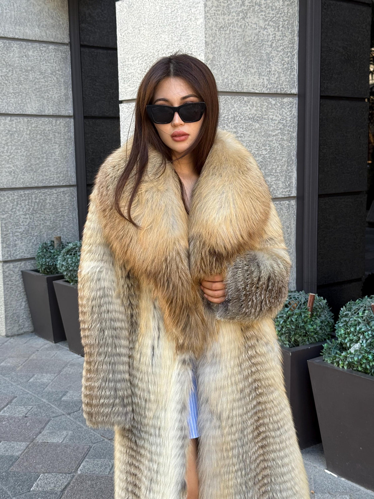 Gold Women Frost Fox Fur Jacket: Luxury Handmade Long Fur Coat