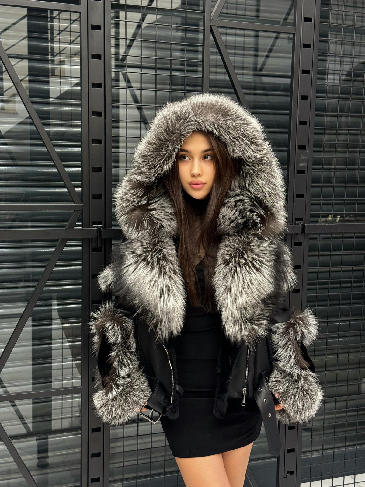 Black Unisex Biker Shearling Coat, Handmade Short Lambskin Argentina Fox Fur Jacket