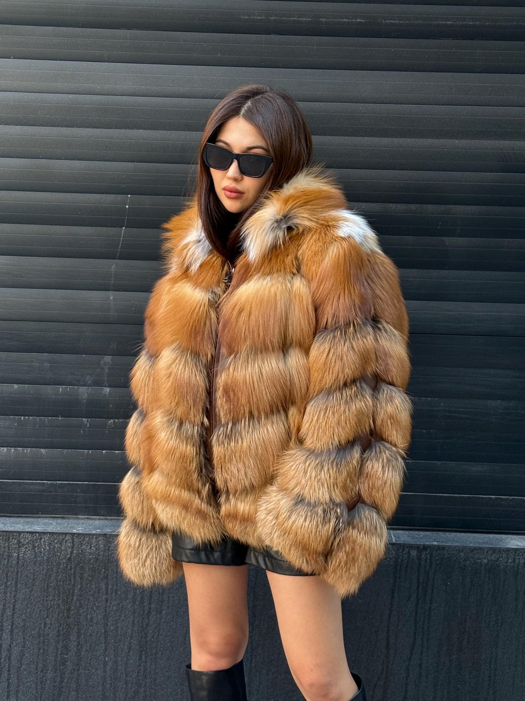 Women’s Golden Fox Fur Jacket, Handmade Short Luxury Red Fox Fur Coat