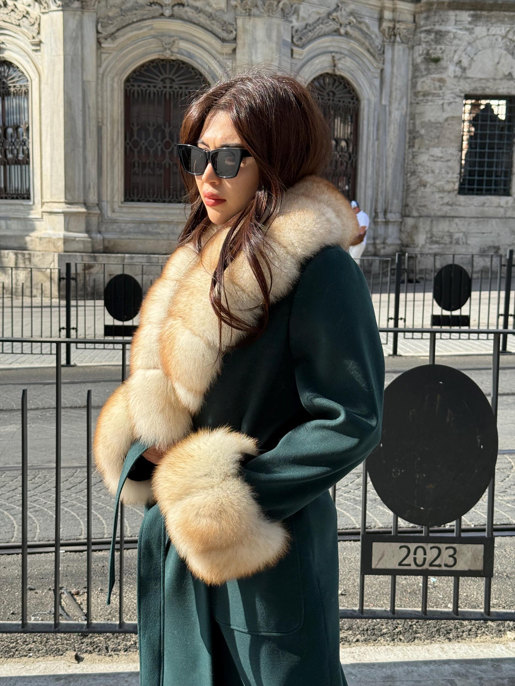 Emerald Green Cashmere Wool Long Coat, Handmade Women Collar Cuffs Fox Fur Jacket
