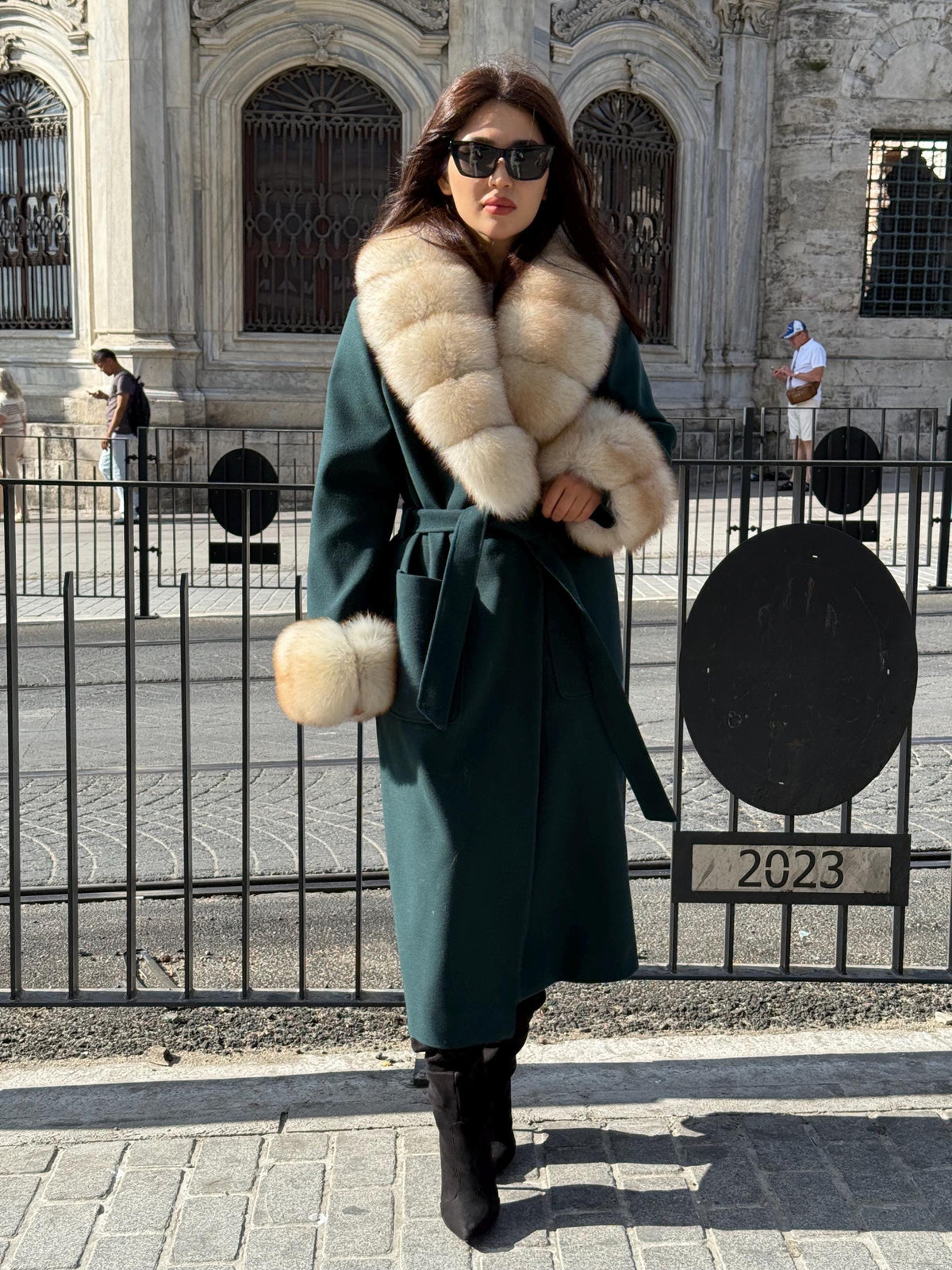 Emerald Green Cashmere Wool Long Coat, Handmade Women Collar Cuffs Fox Fur Jacket