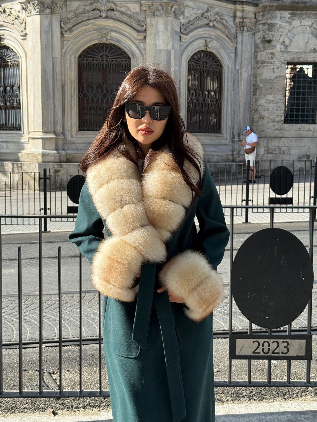 Emerald Green Cashmere Wool Long Coat, Handmade Women Collar Cuffs Fox Fur Jacket