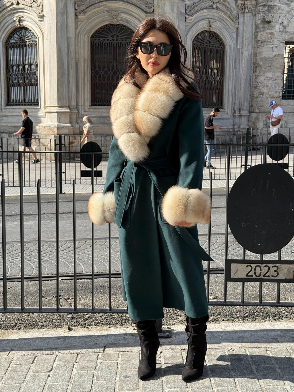 Emerald Green Cashmere Wool Long Coat, Handmade Women Collar Cuffs Fox Fur Jacket