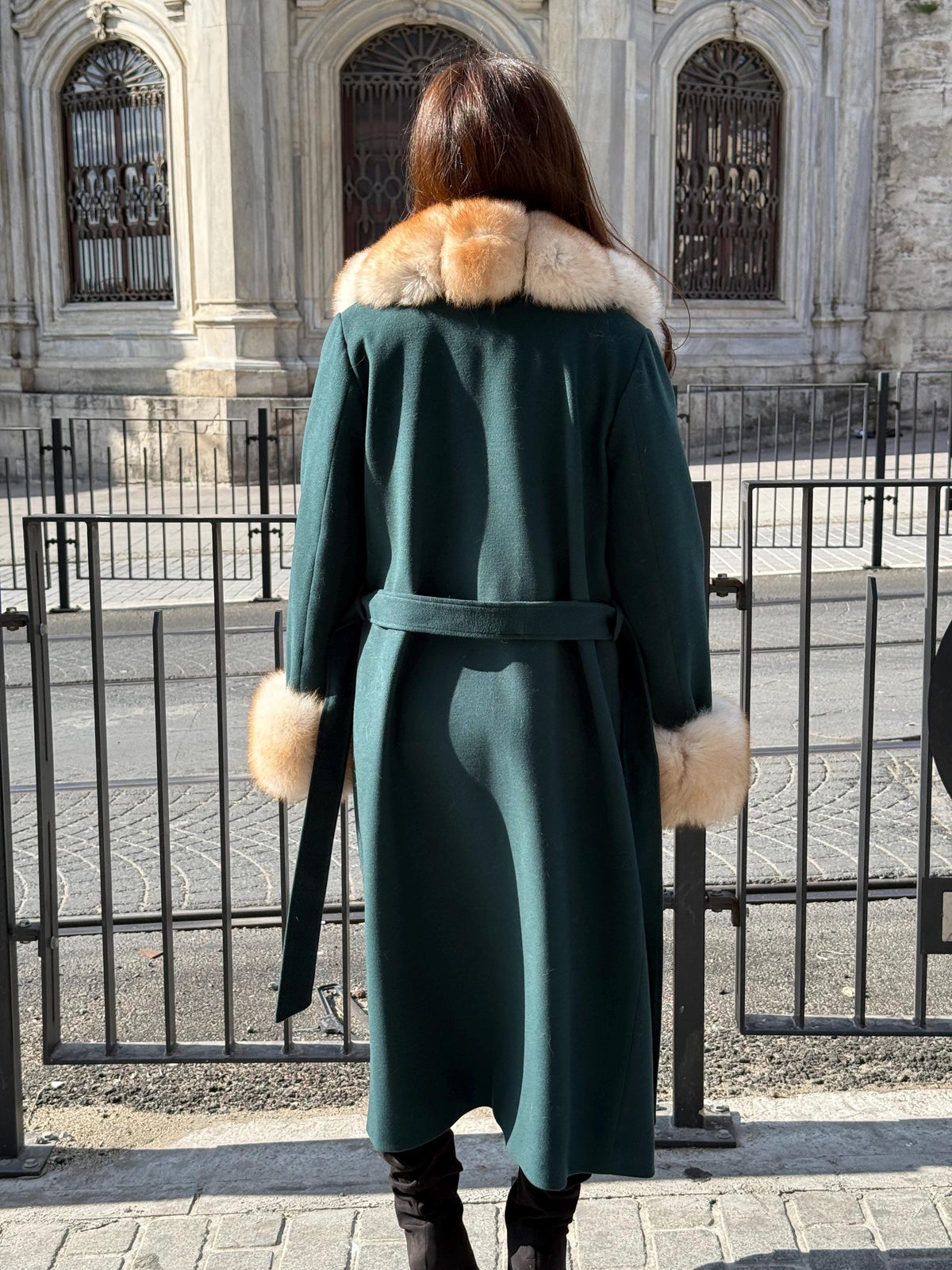 Emerald Green Cashmere Wool Long Coat, Handmade Women Collar Cuffs Fox Fur Jacket