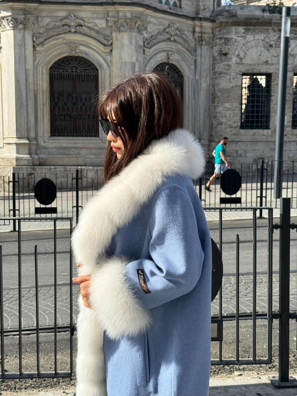 Sky Blue Alpaca Wool Long Coat, Handmade Women Front White Fox Fur Jacket