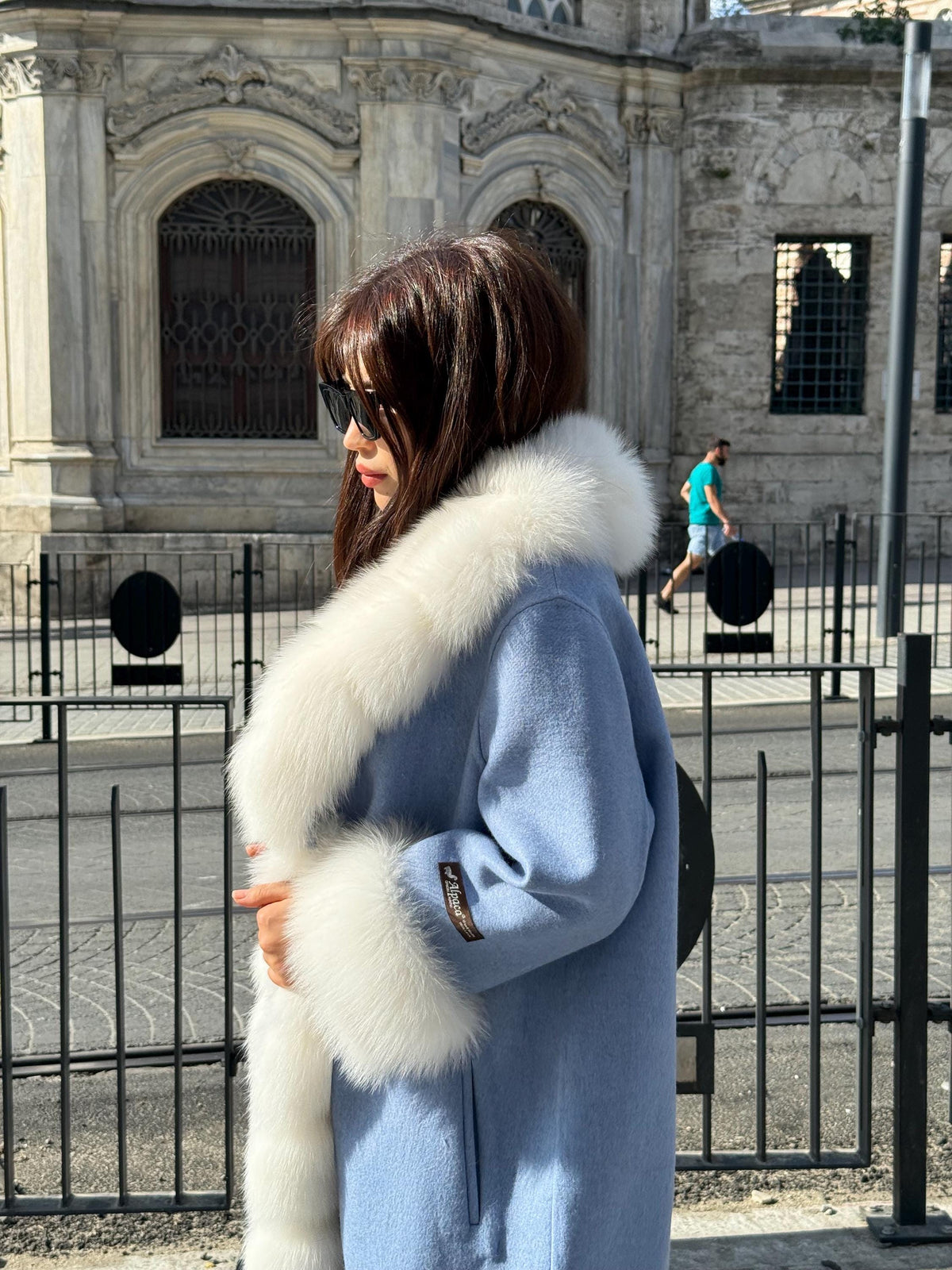 Sky Blue Alpaca Wool Long Coat, Handmade Women Front White Fox Fur Jacket