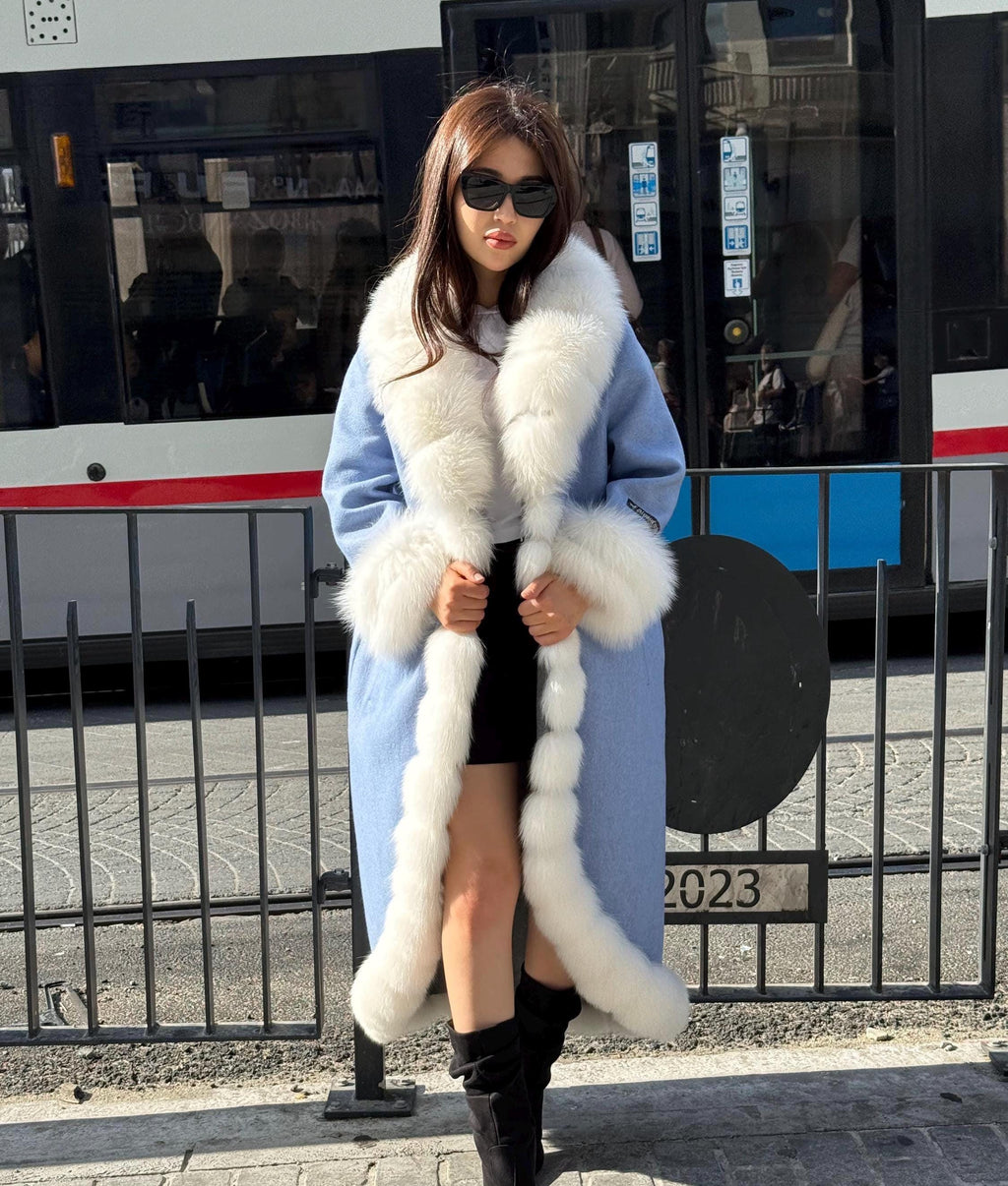 Sky Blue Alpaca Wool Long Coat, Handmade Women Front White Fox Fur Jacket