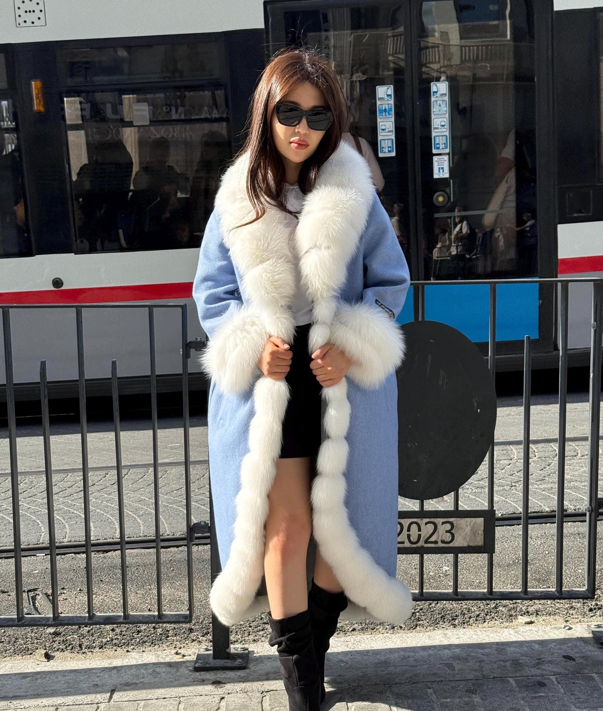 Sky Blue Alpaca Wool Long Coat, Handmade Women Front White Fox Fur Jacket