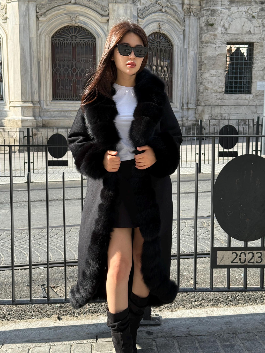 Black Alpaca Wool Coat, Handmade Long Women Front Fox Fur Jacket