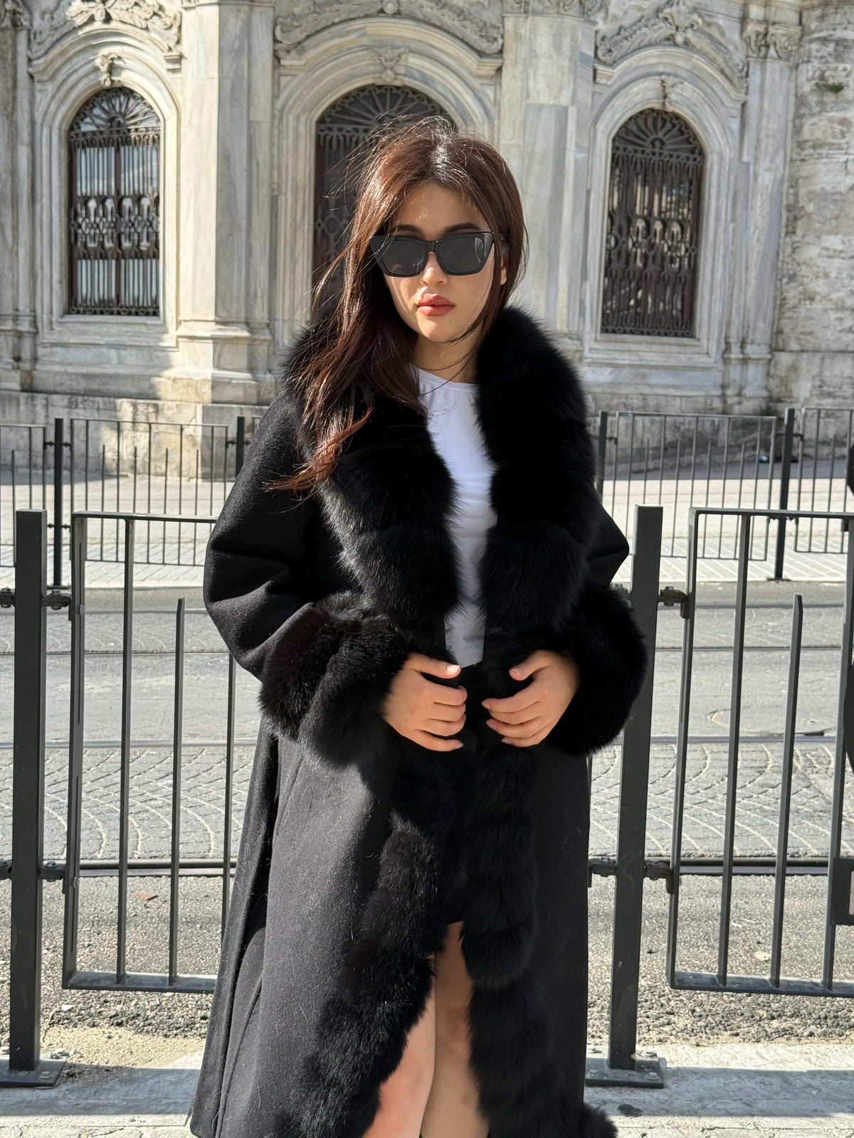 Black Alpaca Wool Coat, Handmade Long Women Front Fox Fur Jacket
