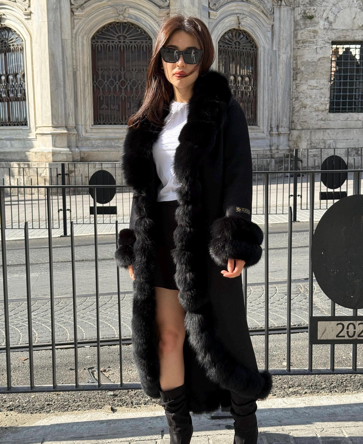 Black Alpaca Wool Coat, Handmade Long Women Front Fox Fur Jacket