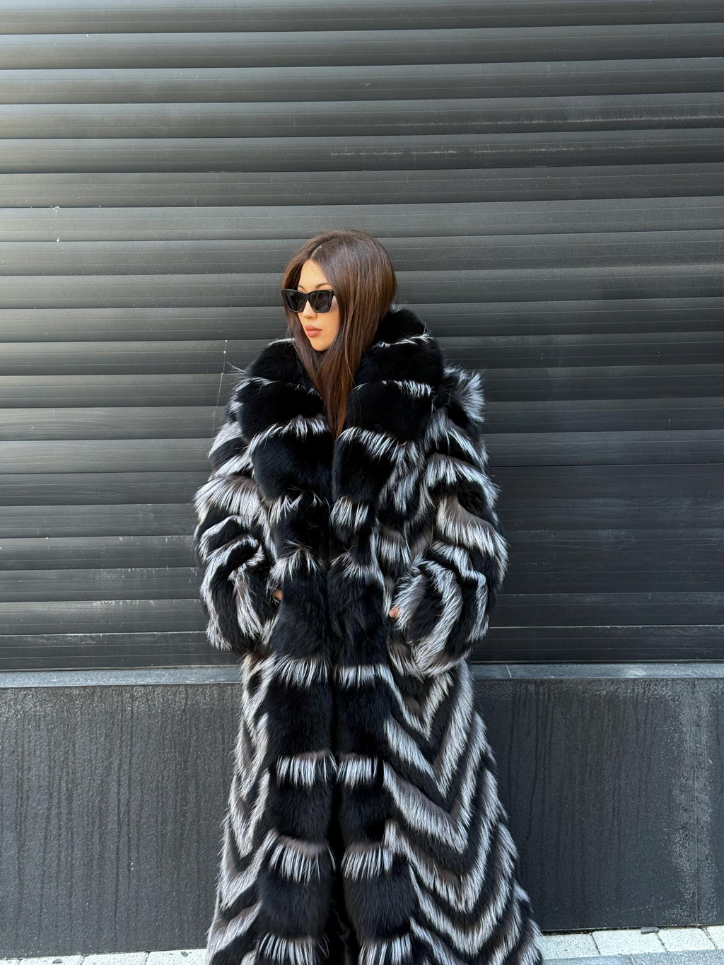 Women’s Black Long Fox Fur Coat, Luxury Handmade Frost Fur Jacket