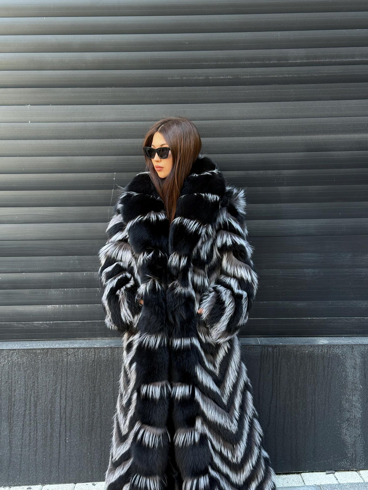 Women’s Black Long Fox Fur Coat, Luxury Handmade Frost Fur Jacket