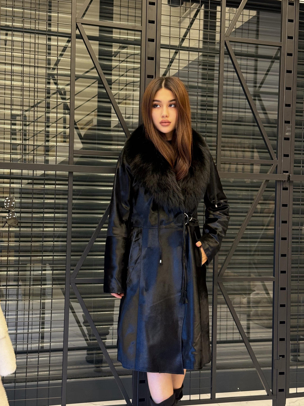 Black Pony Fur Jacket With Fox Fur Trim – Handmade Women’s Long Coat, Limited Edition Jacket