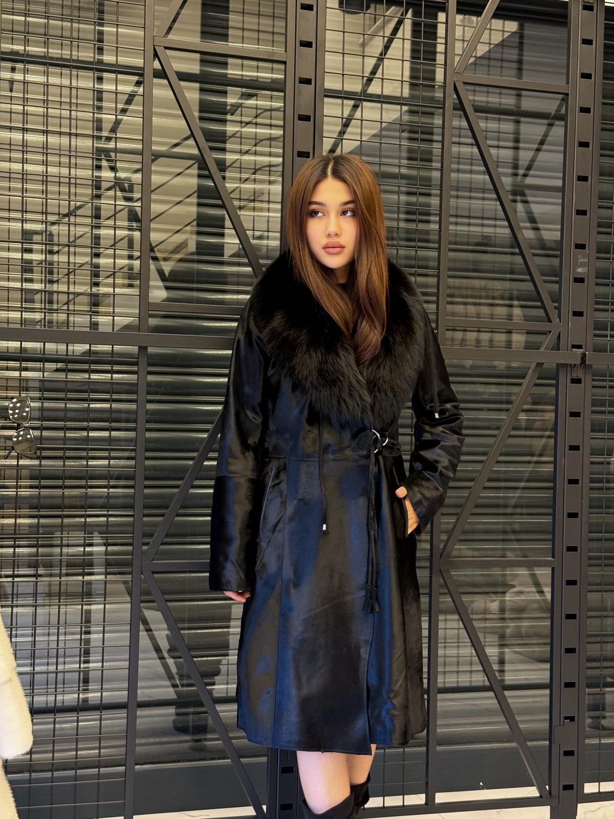 Black Pony Fur Jacket With Fox Fur Trim – Handmade Women’s Long Coat, Limited Edition Jacket