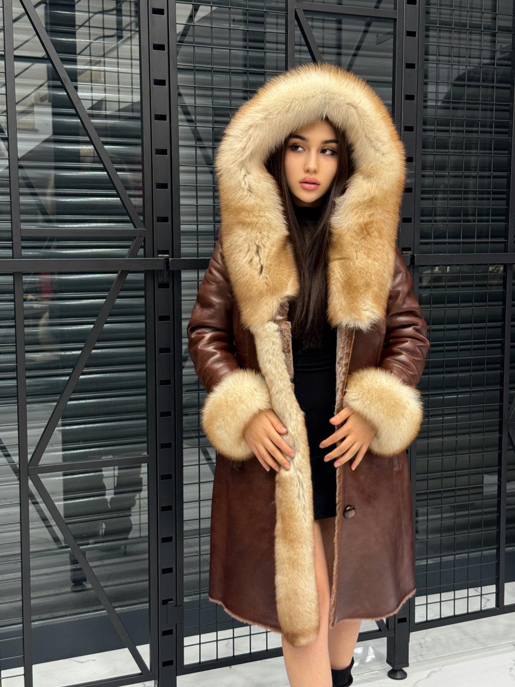 Brown Lamb Fur Coat: Golden Fox Trim Hooded Long Shearling Jacket Women
