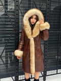Brown Lamb Fur Coat: Golden Fox Trim Hooded Long Shearling Jacket Women