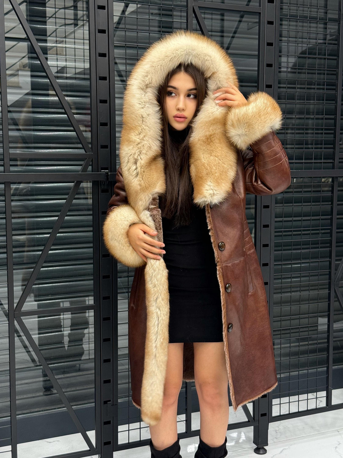 Brown Lamb Fur Coat: Golden Fox Trim Hooded Long Shearling Jacket Women