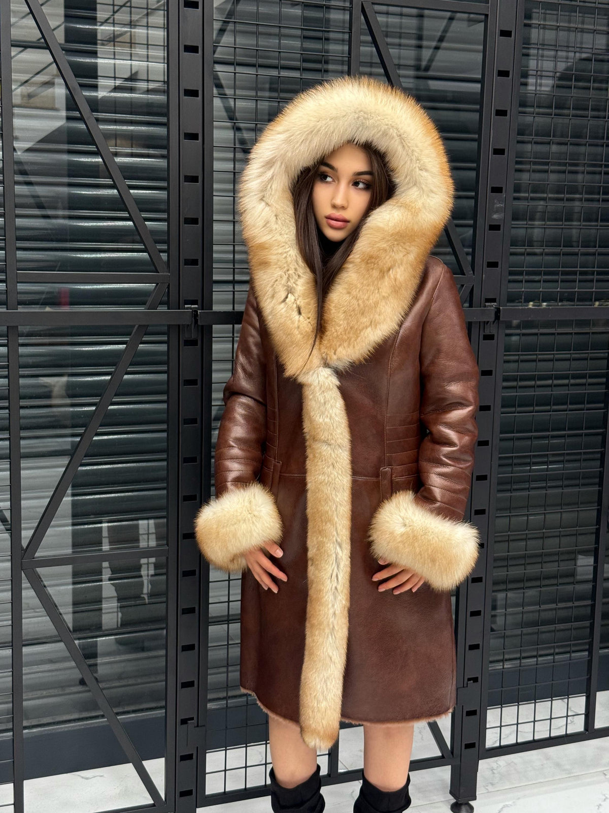 Brown Lamb Fur Coat: Golden Fox Trim Hooded Long Shearling Jacket Women