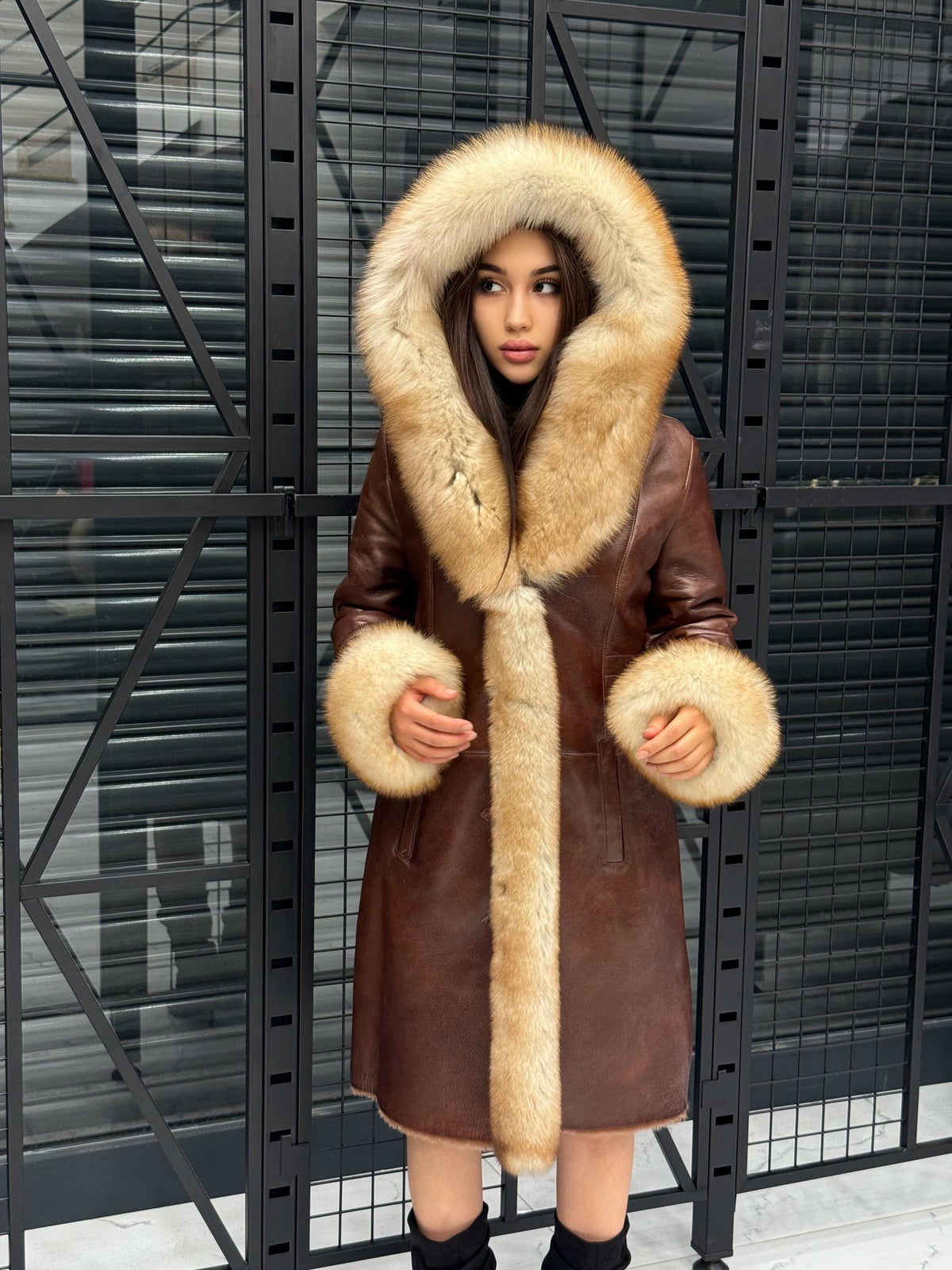 Brown Lamb Fur Coat: Golden Fox Trim Hooded Long Shearling Jacket Women