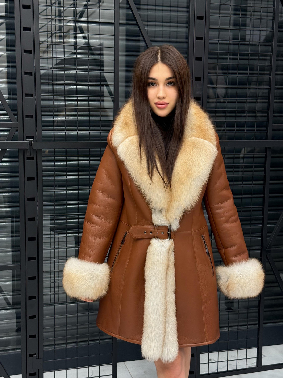 Handmade Lamb Fur Coat: Golden Fox Trim, Women Luxury Winter Shearling Jacket