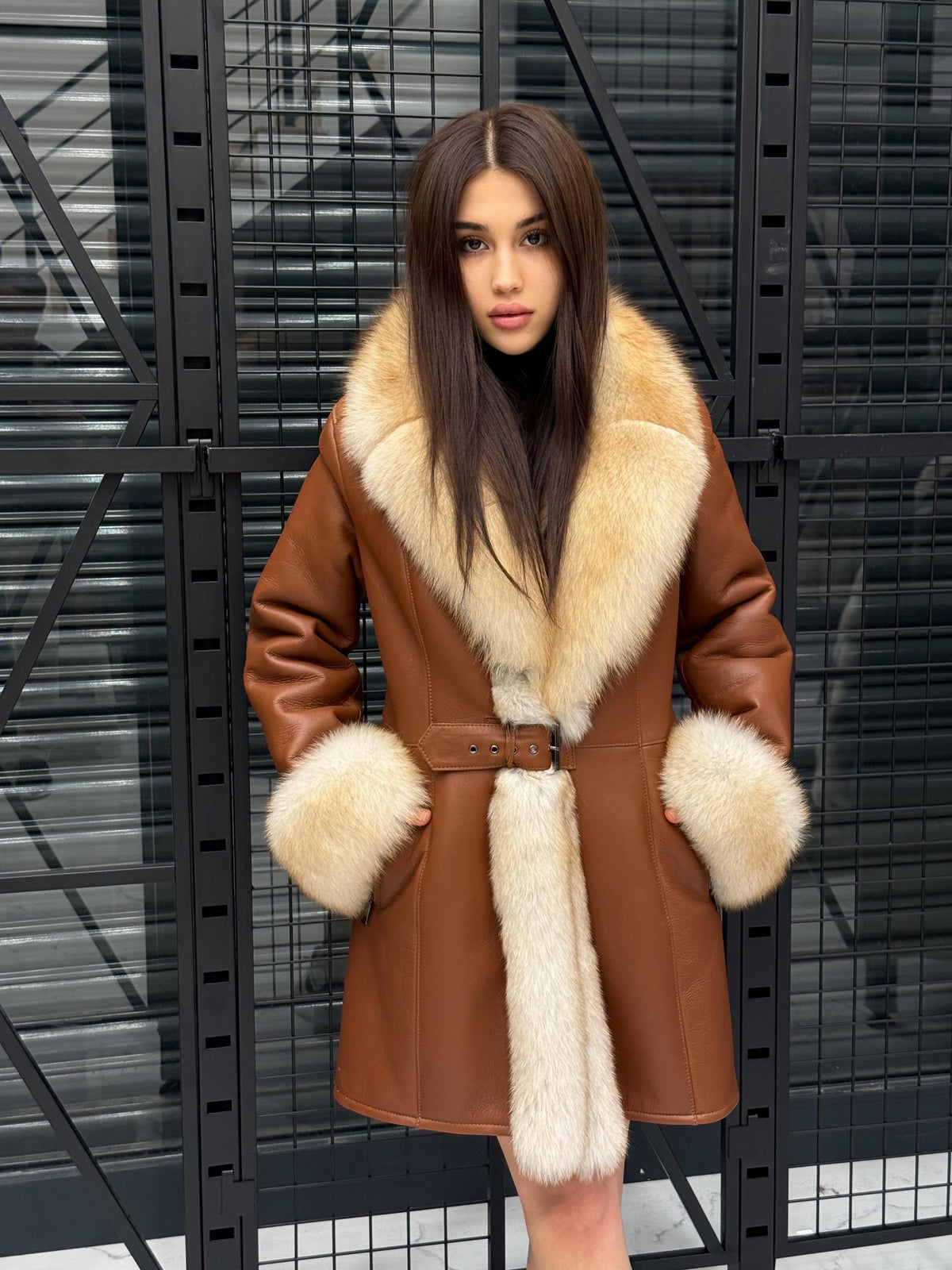 Handmade Lamb Fur Coat: Golden Fox Trim, Women Luxury Winter Shearling Jacket