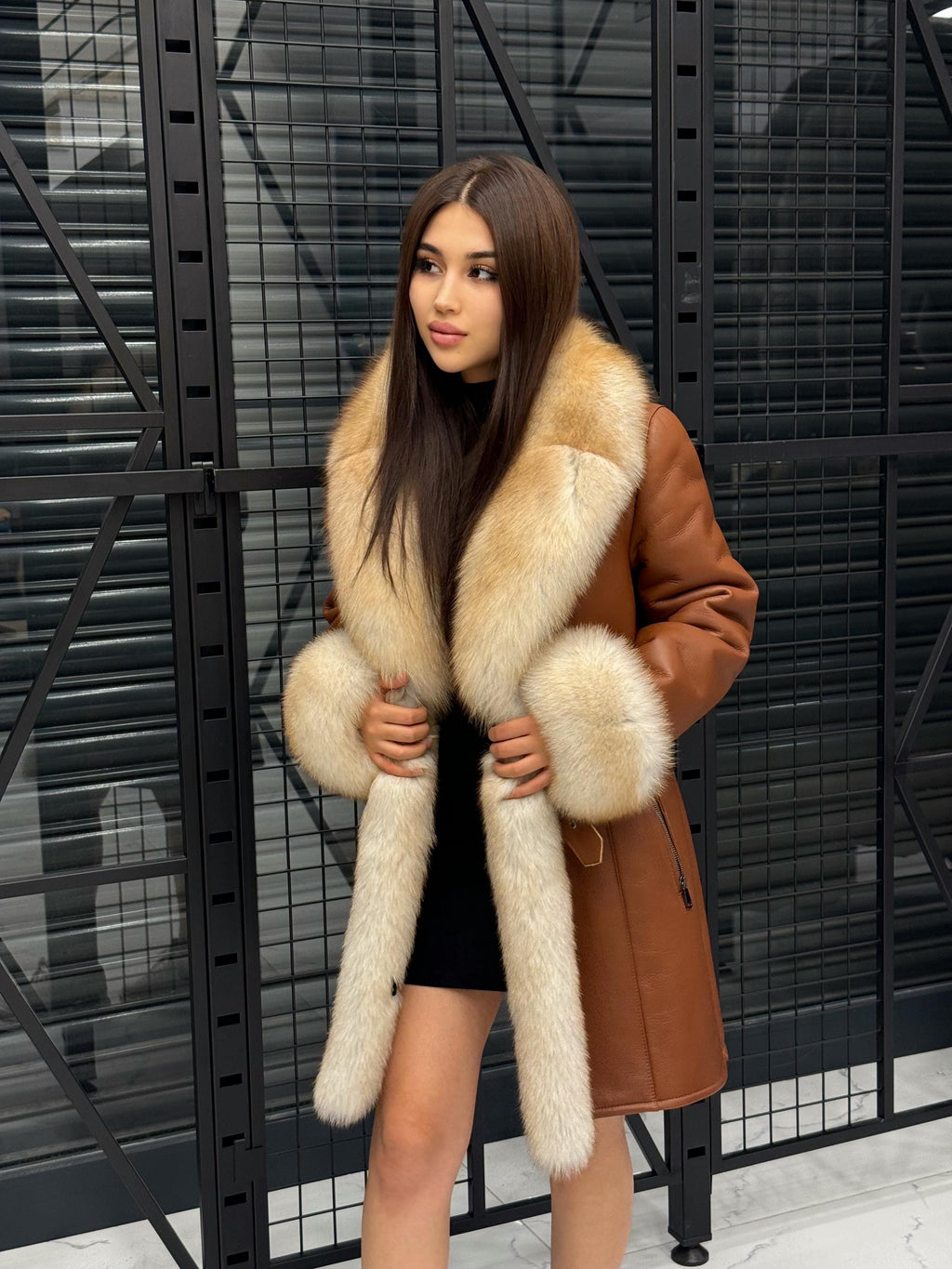 Handmade Lamb Fur Coat: Golden Fox Trim, Women Luxury Winter Shearling Jacket