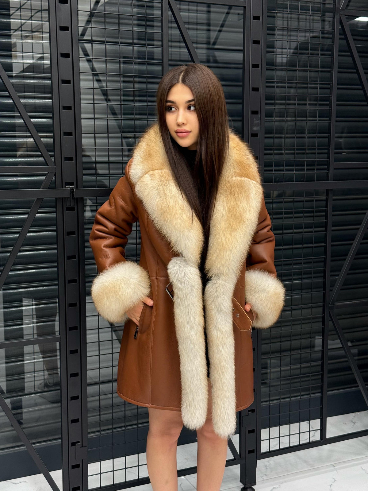 Handmade Lamb Fur Coat: Golden Fox Trim, Women Luxury Winter Shearling Jacket