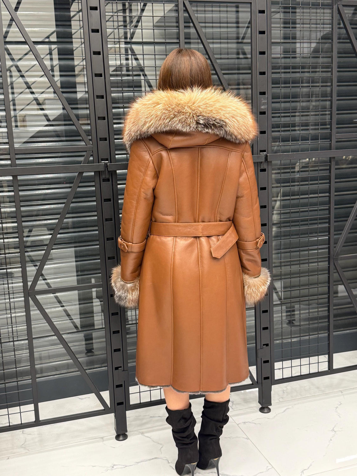Whisky Brown Shearling Coat: Long Lamb Fur Jacket with Fox Fur Trim