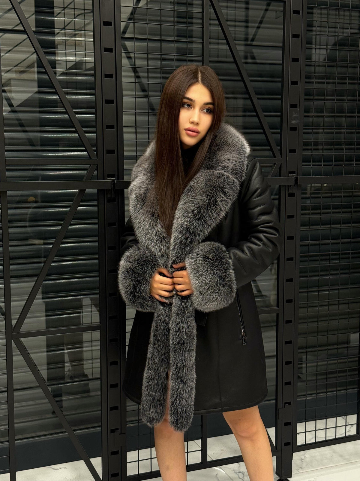 Black Lamb Fur Coat with Silver Fox Fur Trim, Handmade Women Luxury Shearling Jacket