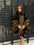 Luxury Black Cashmere Cape with Fox Fur Trim - Elegant Winter Poncho