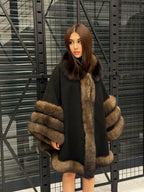 Luxury Black Cashmere Cape with Fox Fur Trim - Elegant Winter Poncho