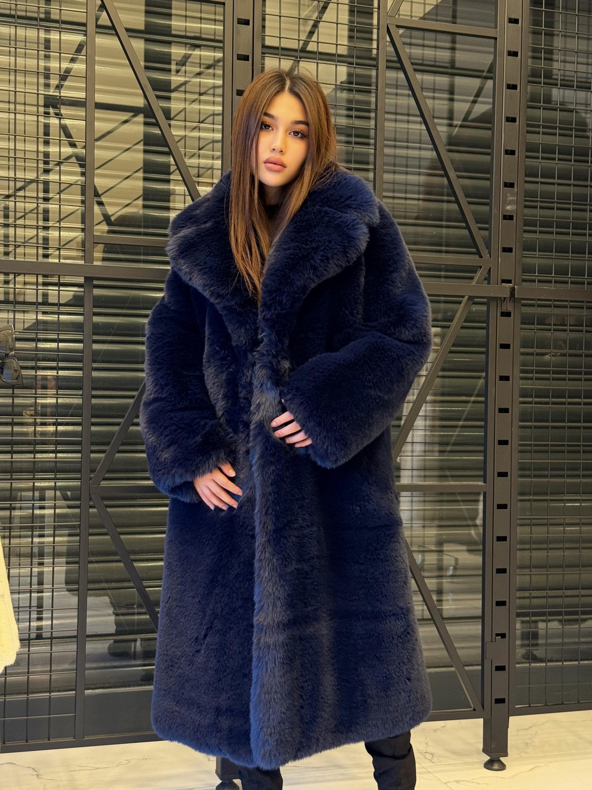 Navy Blue Faux Fur Teddy Coat: Long Vegan Plush Winter Jacket