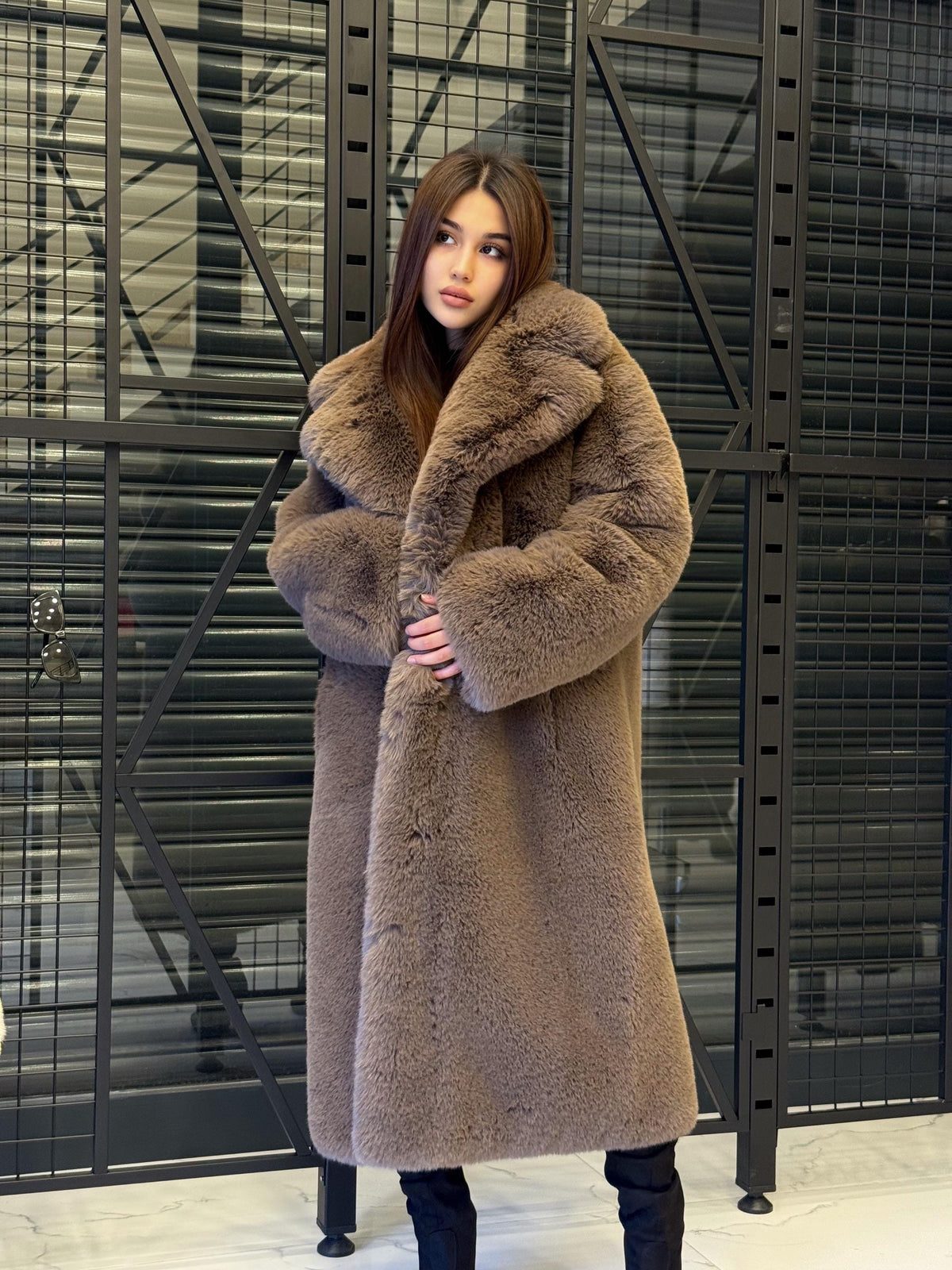 Brown Long Teddy Faux Fur Coat: Women Vegan Soft Warm Plush Winter Fur Jacket