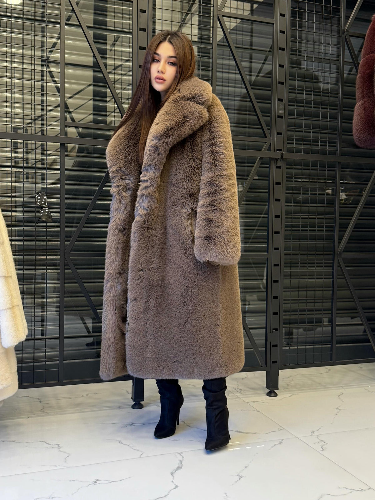 Brown Long Teddy Faux Fur Coat: Women Vegan Soft Warm Plush Winter Fur Jacket
