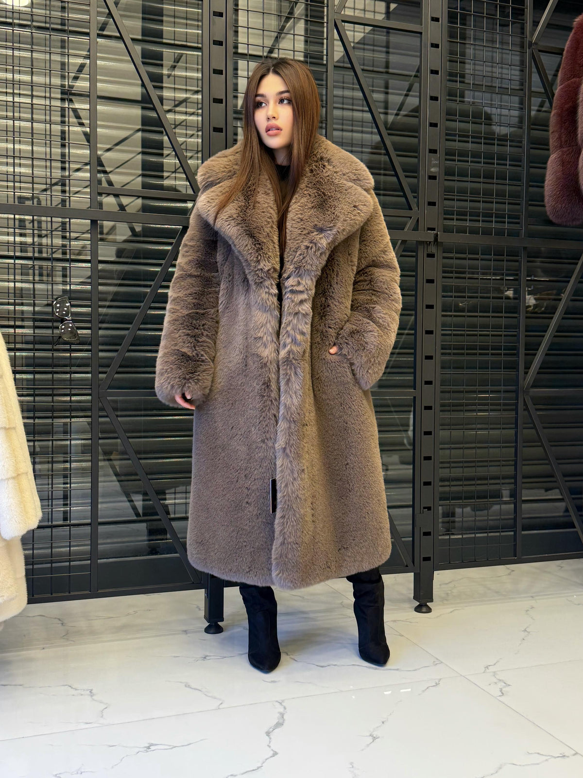 Brown Long Teddy Faux Fur Coat: Women Vegan Soft Warm Plush Winter Fur Jacket