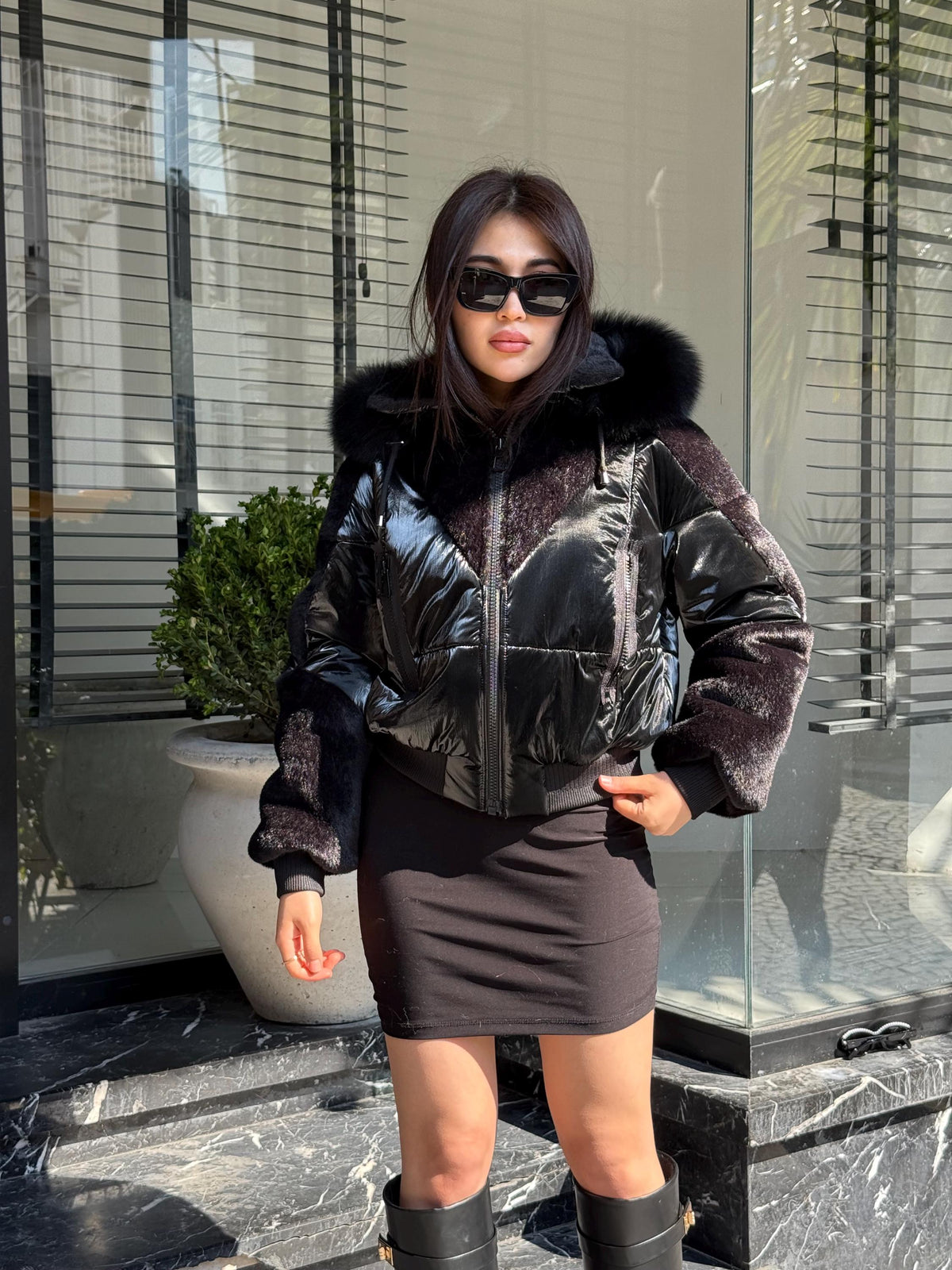 Women’s Black Puffer Coat: Detachable Fox Fur Hood, Handmade Winter Coat