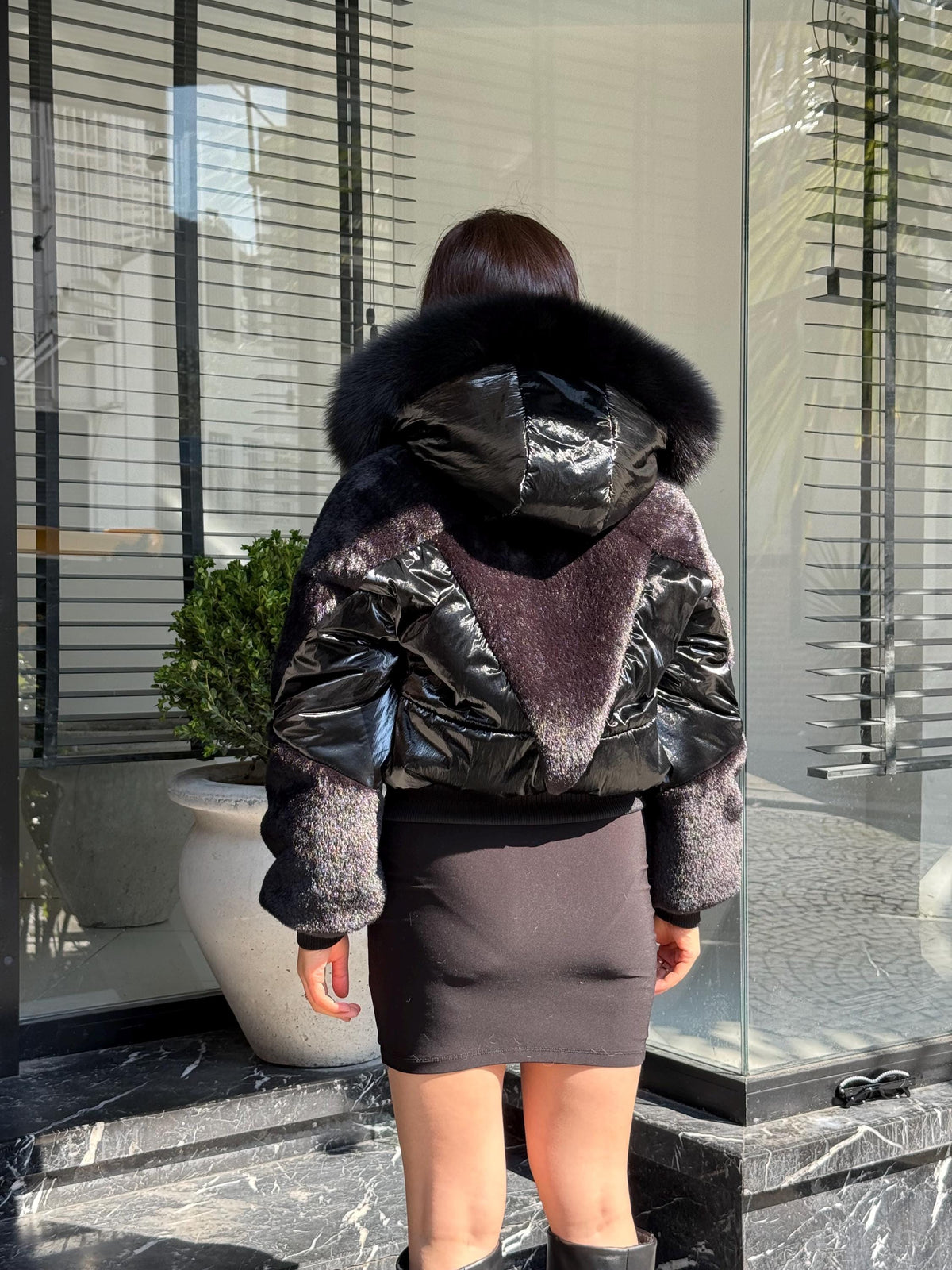 Women’s Black Puffer Coat: Detachable Fox Fur Hood, Handmade Winter Coat