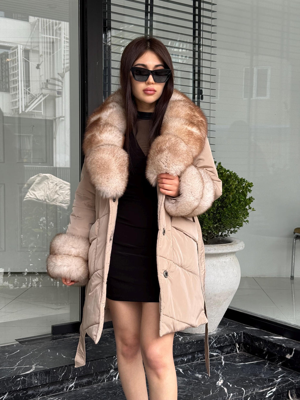Beige Puffer Coat, Women’s Handmade Short Collar Cuffs Fox Fur Jacket