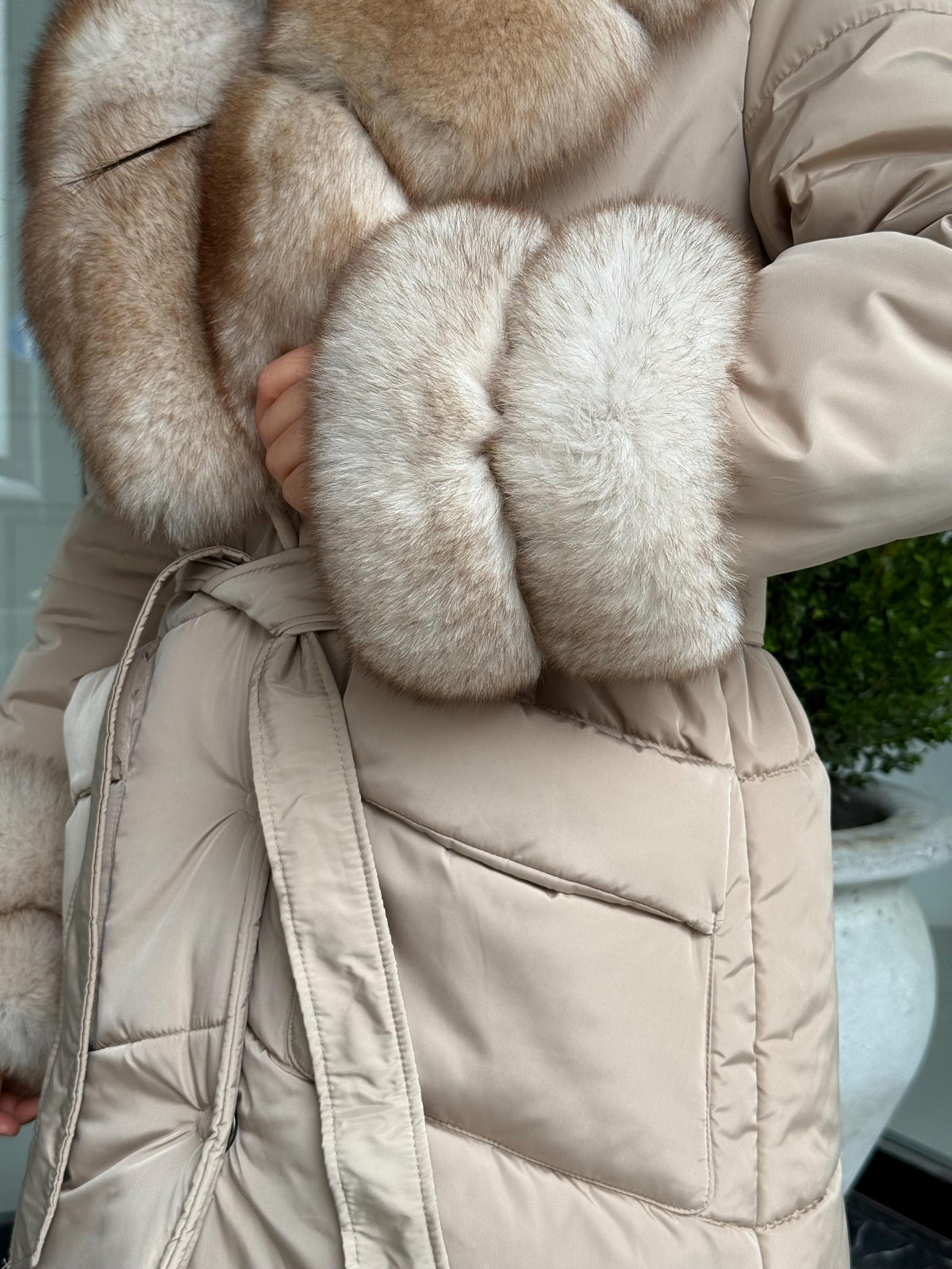Beige Puffer Coat, Women’s Handmade Short Collar Cuffs Fox Fur Jacket