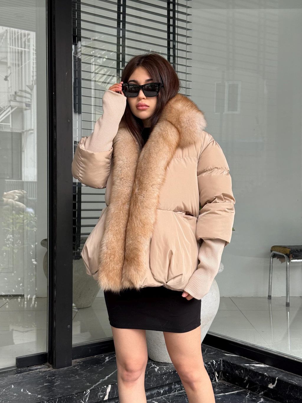 Beige Puffer Coat, Women’s Handmade Short Front Fox Fur Jacket