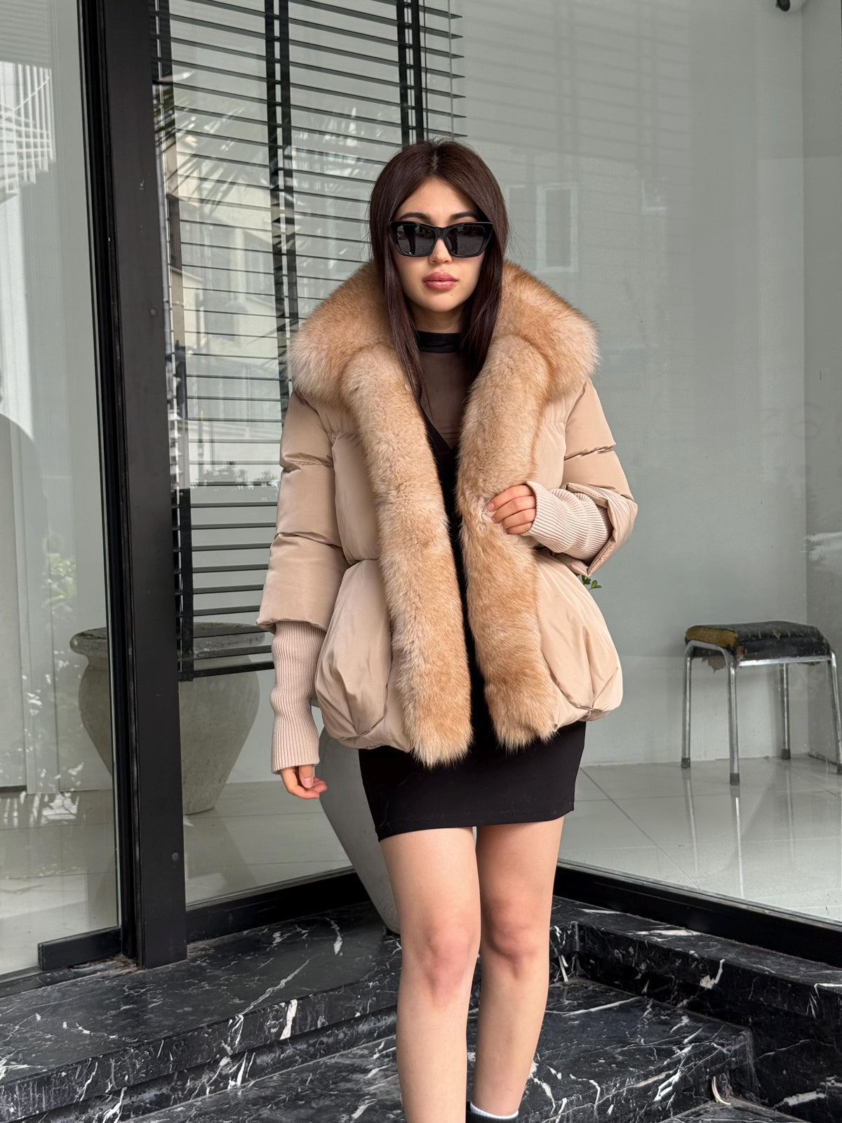 Beige Puffer Coat, Women’s Handmade Short Front Fox Fur Jacket